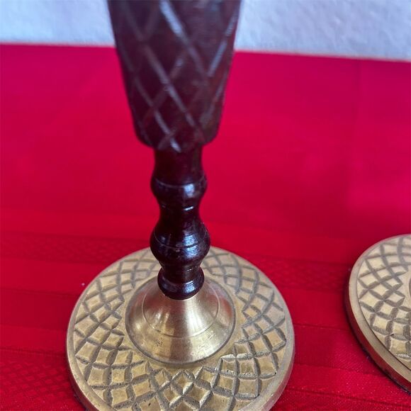 Palm Tree Brass & Wood Taper Candle Holders Set of 2 Vintage Decor - Picture 4 of 5